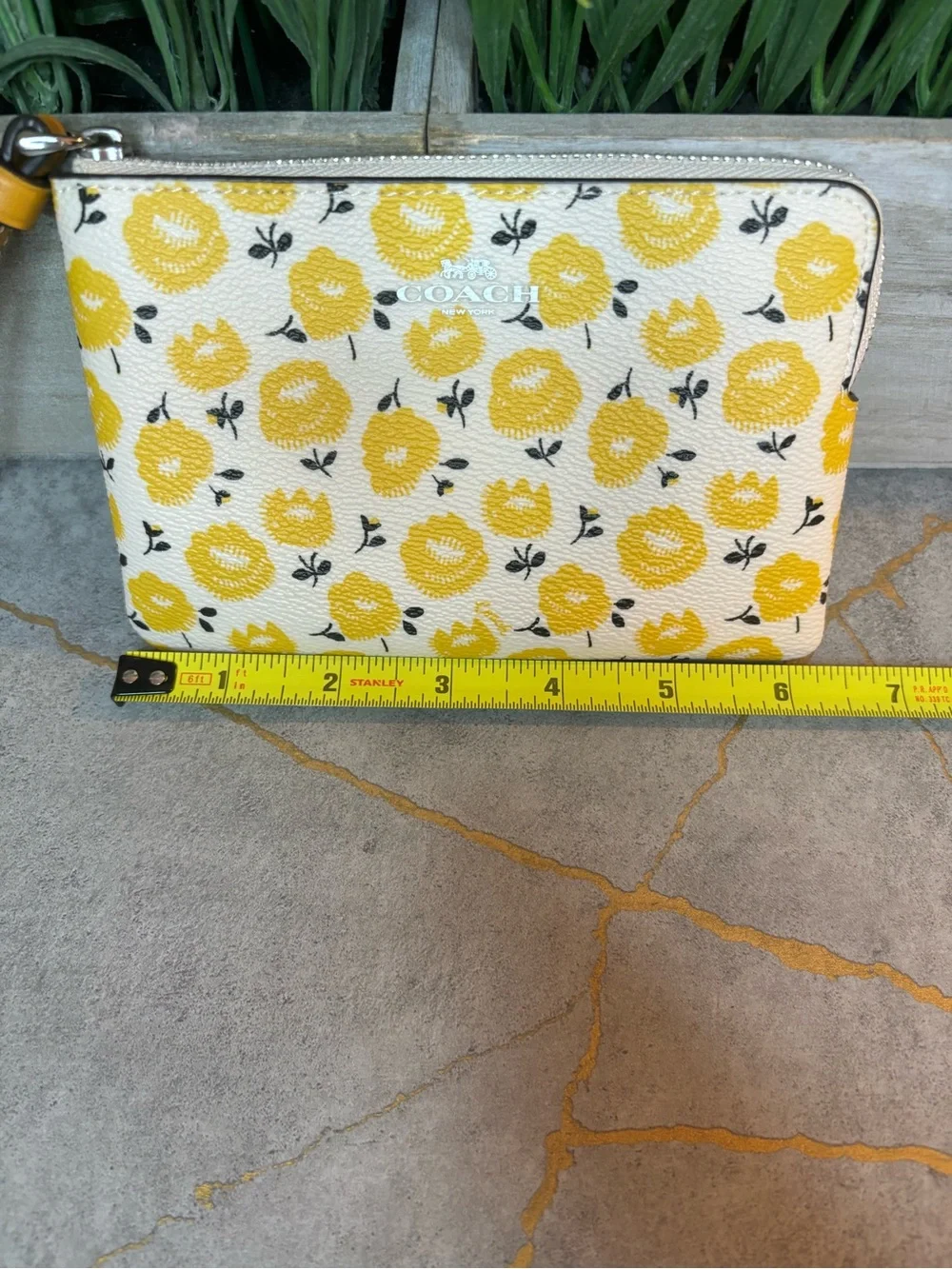 COACH NWT Yellow Floral Wristlet Pouch with Brown Strap